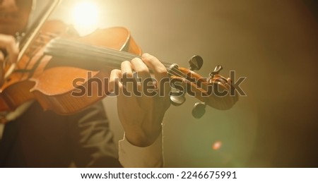Experienced Violinist performing amazing solo on stage, spotted by light on black background close up 