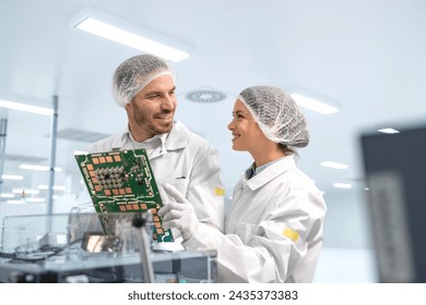 Experienced workers controlling quality of microchips and printed circuit boards in electronic manufacturing factory.