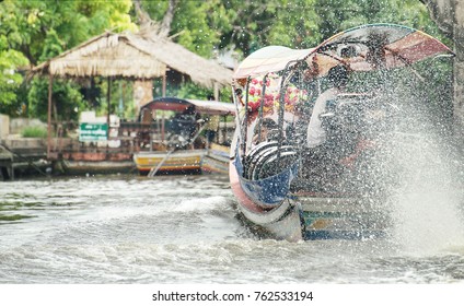 Experiencing With Canal Or Klong  Tour By Long Tail Boat In Bangkok Noi, Thonburi, Thailand.