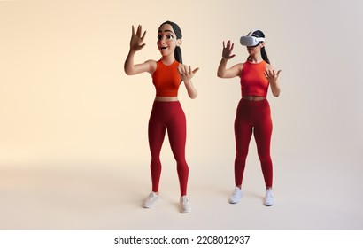Experiencing the metaverse. Sporty young woman playing virtual reality games as a 3D avatar. Young woman exploring immersive technology while wearing a virtual reality headset. - Shutterstock ID 2208012937