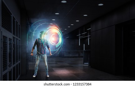 Experiencing virtual technology world. Mixed media
