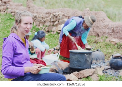 Experiential Travel Of Caucasian Woman In The Community Of Latin America. 