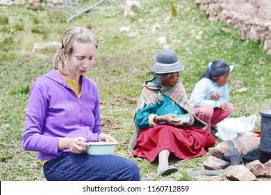 Experiential Travel Of Caucasian Woman In The Community Of Latin America. 