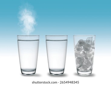 Experiment 3 cups of water in the solid, liquid, gaseous state. evaporation of water. physics education, science. isolated on the sky