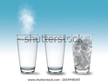 Experiment 3 cups of water in the solid, liquid, gaseous state. evaporation of water. physics education, science. isolated on the sky