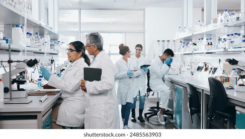 Experiment, science and group of people in laboratory for work on breakthrough, cure or development. Innovation, investigation and research with scientist team in clinical trial for medicine - Powered by Shutterstock