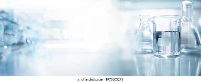 Experiment Water In Beaker And Flask In Chemistry Science Laboratory Banner Background	