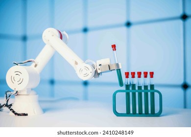 Experimental robot in a scientific laboratory manipulates test tubes with a chemical substance - Powered by Shutterstock