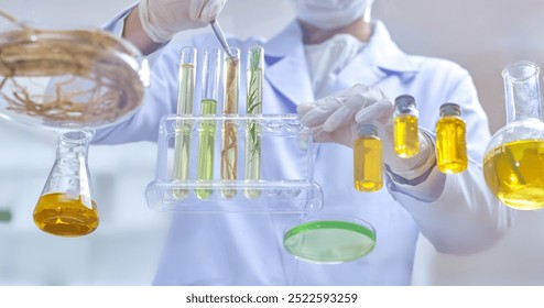 Experimental template with image of scientist using tweezers to pick up roots in a test tube, surrounded by herbal ingredients, extracts and experimental equipment in a modern laboratory.