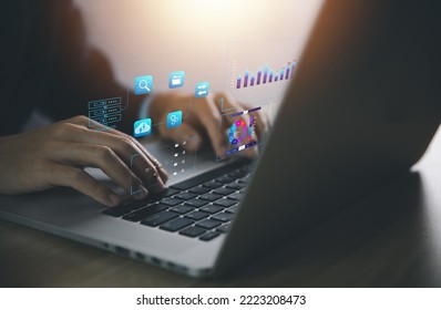 Expert analysts are analyzing the data. with virtual graph charts Analytics and Data Management System. Digital technology marketing concept. and metrics connected to a computer network database