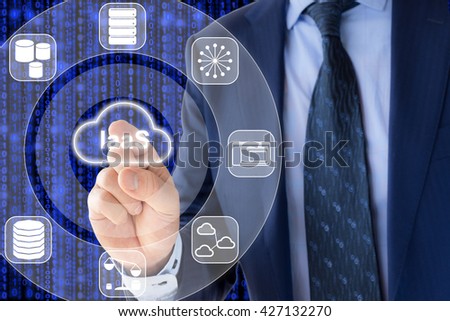 IT expert in a blue suit is pressing a glowing cloud symbol with IaaS, Infrastructure as a service and icons of services around