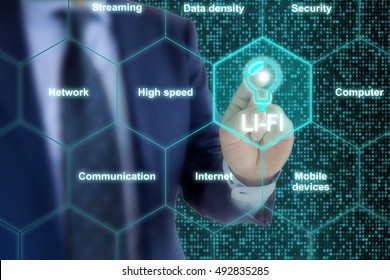 IT expert in a blue suit touches a Lifi symbol in a hexagon grid surrounded by topic related words like high speed or communication