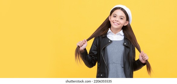 Expert Care For Every Haircare Need. School Age Kid Hold Long Hair. Hair Salon. Child Face, Horizontal Poster, Teenager Girl Isolated Portrait, Banner With Copy Space.