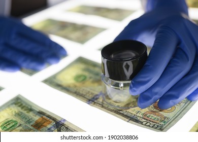 Expert Checks Authenticity Of Banknotes. Counterfeiting And Types Of Fraud Concept