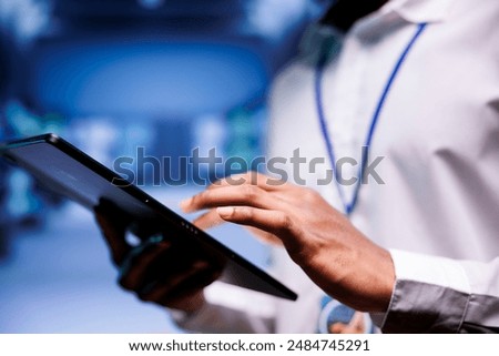 Expert in cryptocurrency server farm with dedicated hardware using Blockchain technology for crypto mining. Fintech professional using asic rigs to solve intricate computational problems, close up