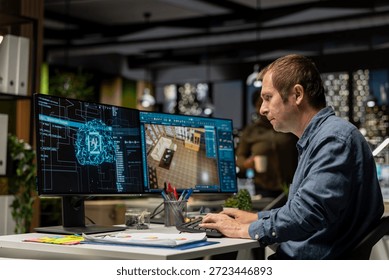 Expert developer using AI neural networks on 3D modeling program to design a new apartment floor plan, virtual assistant helps with furniture and layout on architectural software.