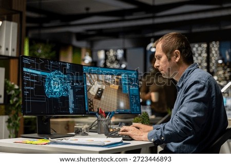 Expert developer using AI neural networks on 3D modeling program to design a new apartment floor plan, virtual assistant helps with furniture and layout on architectural software.
