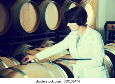 Expert examines equipment at winery and writes down remarks