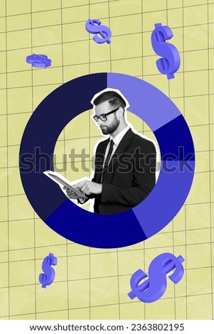 Expert financial analytic business worker man collage picture pie chart circle diagram money concept isolated on plaid green background