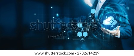 IT expert holding digital dashboard. Cloud Computing delivers scalable storage, servers, and applications through secure internet-based infrastructure.