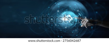 IT expert holding digital dashboard. Cloud Computing delivers scalable storage, servers, and applications through secure internet-based infrastructure.