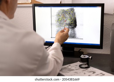 An expert in police science, csi, checks a fingerprint and its matching points on a computer screen - Shutterstock ID 2054381669