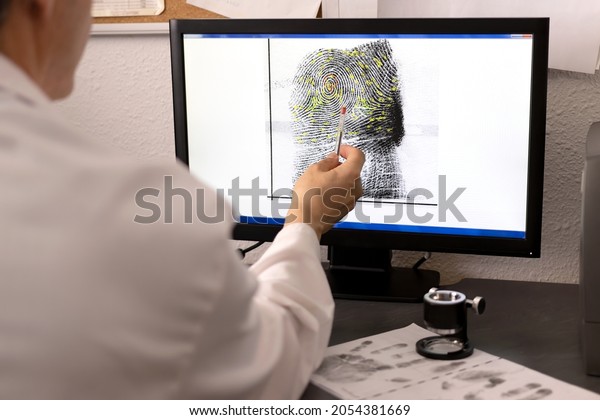 An expert in police\
science, csi, checks a fingerprint and its matching points on a\
computer screen