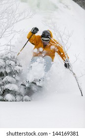 Expert Skier Skiing In Deep Powder Snow, Mt. Mansfield, Stowe, Vermont, USA