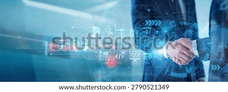 Expert software partners shaking hands for API integration. Seamless data exchange between platforms enhances system efficiency and fosters collaborative development in the modern digital era.
