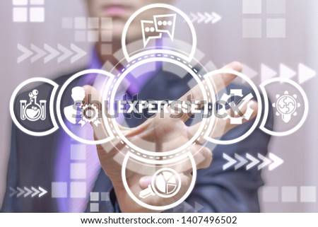 Expert uses on a virtual screen of the future and sees the word: EXPERTISE. Expertise Business Professional Support Review concept.