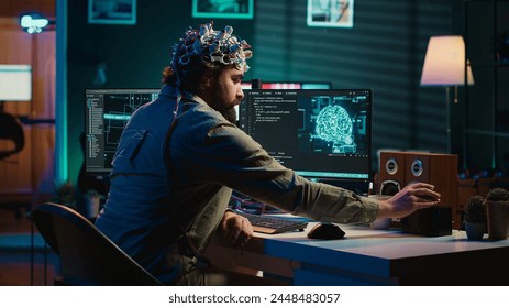 IT expert using EEG headset and machine learning to upload brain into computer, gaining immortality. Computer scientist develops AI experiment, inserting his persona into cyberspace, camera A