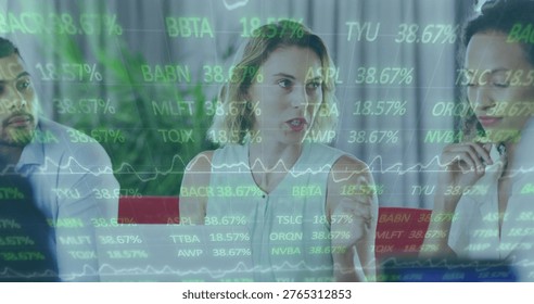 Explaining central presenter in white sleeveless blouse gesturing in meeting room, stock tickers. Datadriven, analytics, collaboration, boardroom, office, focused, professional