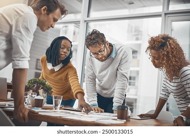 Explaining, group and planning with paperwork in office, creative and brainstorming of interior designer. Collaboration, employees and reading of ideas, pointing and people in meeting for project