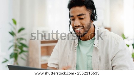 Explaining, remote work and call center worker with a laptop for online advice and conversation. Contact us, consultant and man speaking for customer service, support and telemarketing on a computer
