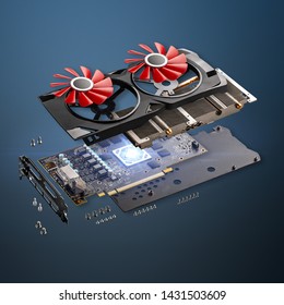 Explode View Of Computer Graphic Card On Blue Background