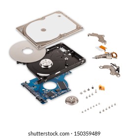 Explode view of hard drive on white background