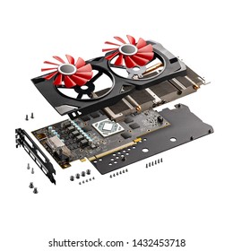 Explode view of new modern gaming graphics card on white background