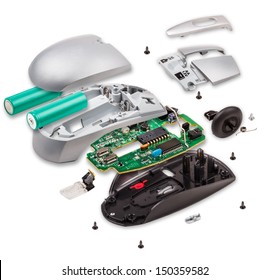 Explode view of wireless computer mouse on white background