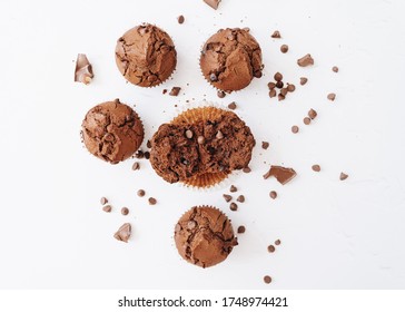 Exploded Chocolate Muffin On White Background Top View