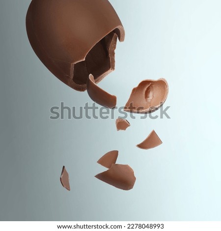 Exploded milk chocolate egg on color background