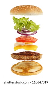 Exploded view of burger, isolated on white