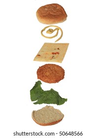 An exploded view of a chicken sandwich