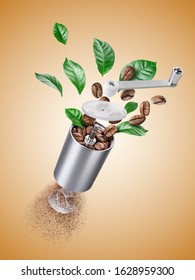 Exploded view of coffee grinder with roasted beans and leaves