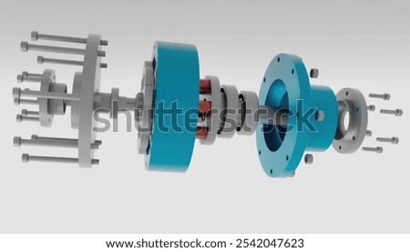 Exploded view of a cycloidal drive, as indicated by the distinct shape of its components, including the lobed discs and rollers typical of cycloidal gear mechanisms.