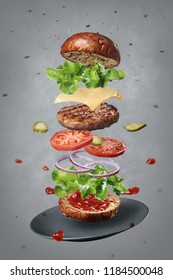 Exploded view diagram of cheeseburger. Fresh ingredients of delicious warm burger levitating with a plate, grey background