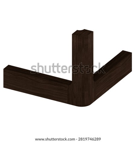 Exploded view of a through dovetail joint with realistic walnut wood texture, isolated on white background. High-quality 3D render showcasing traditional woodworking joinery, furniture construction, cabinet making, precision carpentry, and interlocking wood connection.