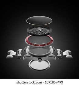 Exploded view of a wrist watch 3d rendering