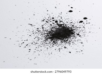 Exploding black ink splatter on white surface