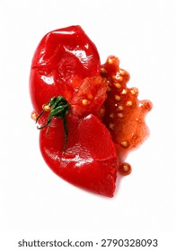 Exploding Cherry Tomato with Juicy Seeds and Stem Isolated on White Background
