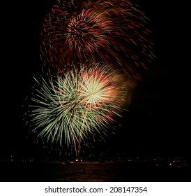 Exploding fireworks on a lake